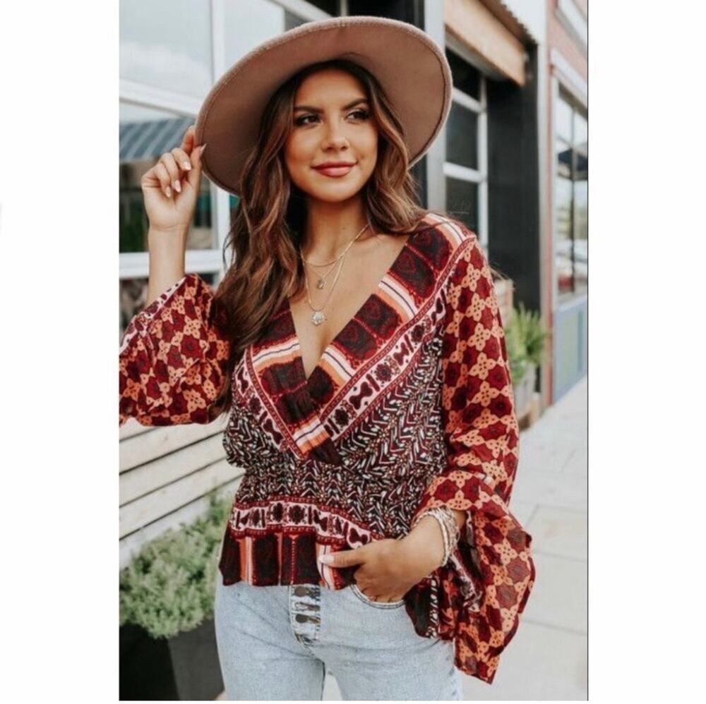 Free People Rosalie Wrap Top Boho Peasant Mixed Print Bell Sleeve Fall Med